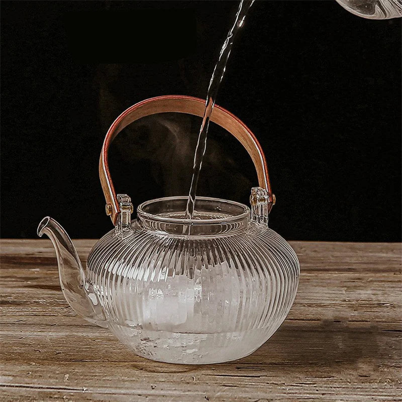 800ml Vertical Stripes Glass Teapot with Wooden Beam Handle and Tea Infuser