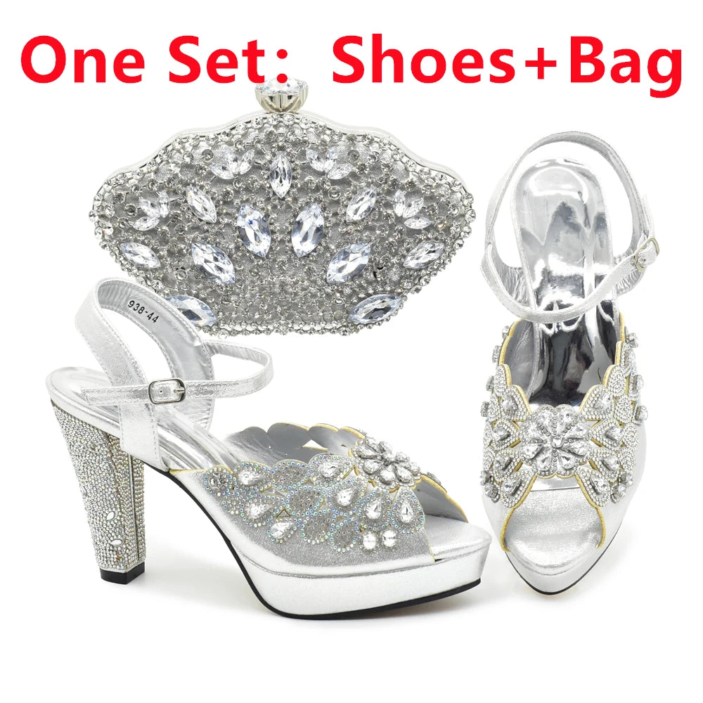 Style Matching Bag and Shoes Set Italian Women Design Shoes Matching Bag Decorated with Rhinestone Luxury Pumps Women