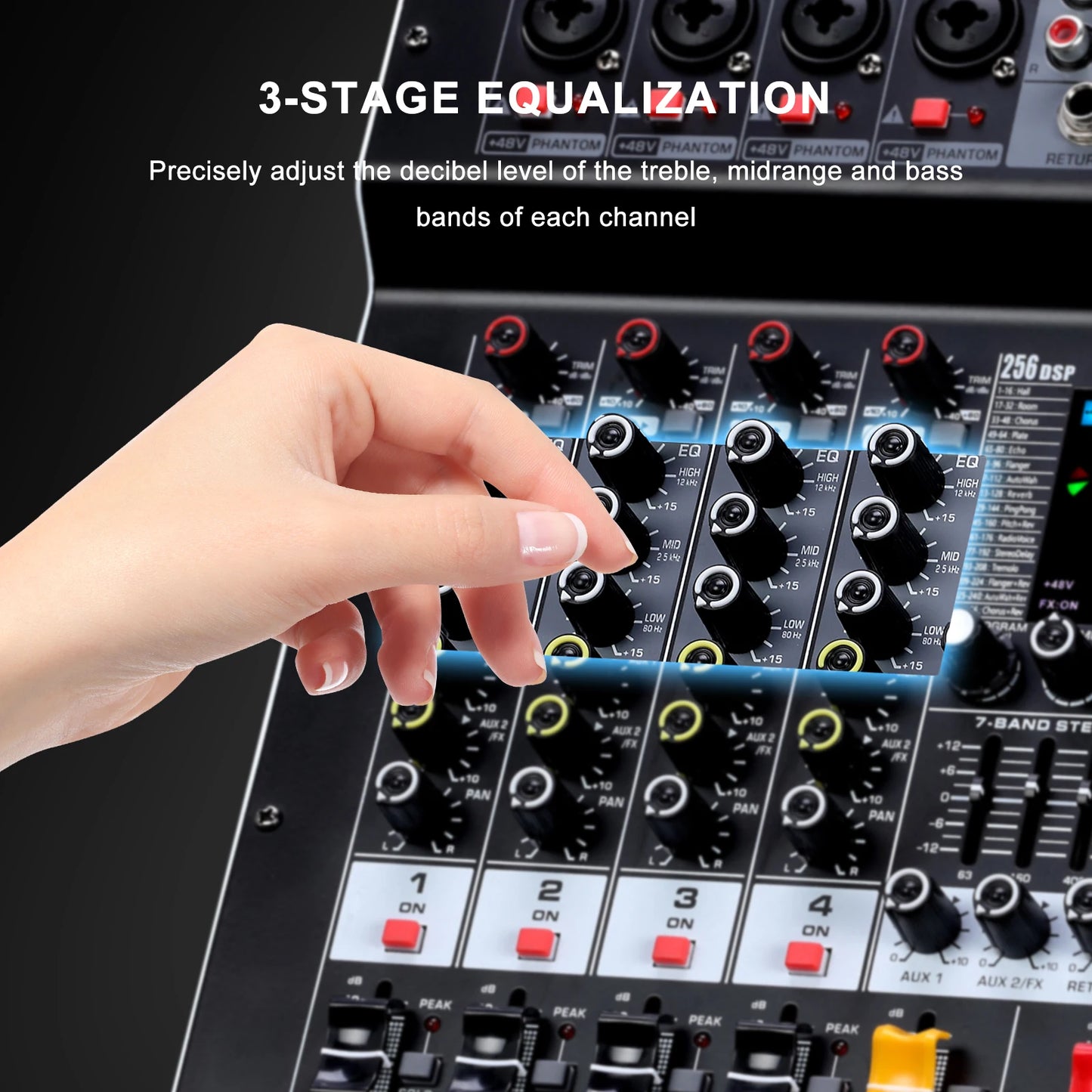 Professional 4 Channel Audio Mixer with Bluetooth and 256 Reverb Effects