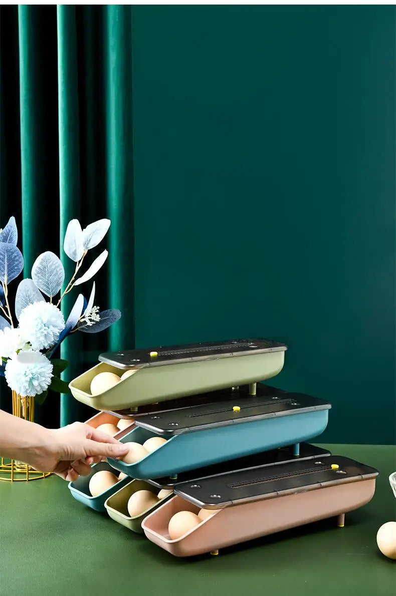 Automatic Rolling Egg Storage Box – Plastic Refrigerator Egg Holder Tray Kitchen Storage Container