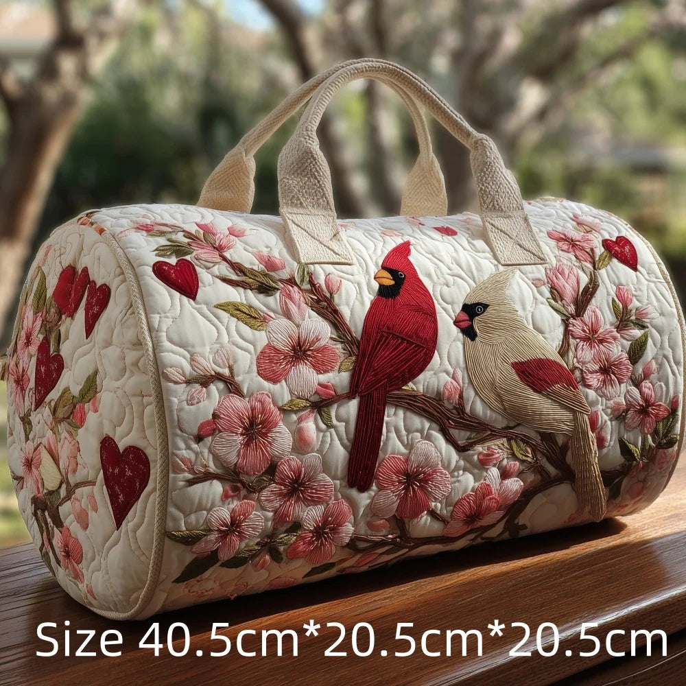 Trending Vintage 3D Quilted Travel Bag Cardinal Bird Floral Printed  Durable Weekend Gym Trip Beach Bag Carry on Tote for Women