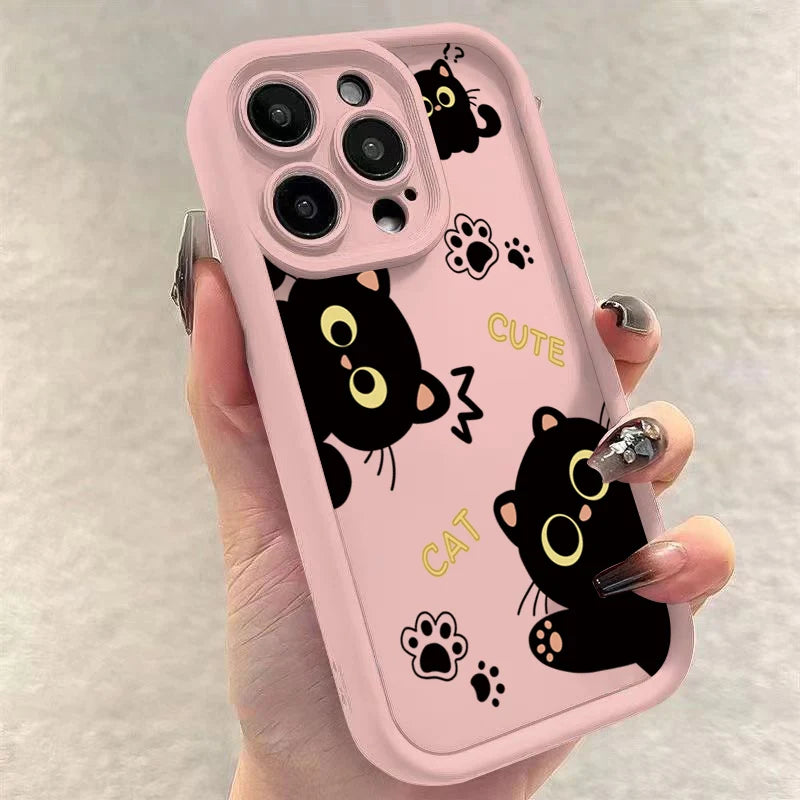 Lovely Black Cat Silicone Case For iPhone 17 16 15 14 Pro Max 16E 16 Plus 17Air Shockproof Back Covers