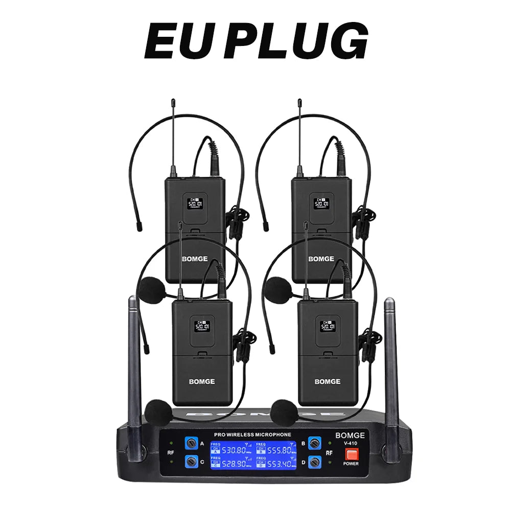 4 Channel Wireless Headset Microphone System for Stage Performances and Conferences