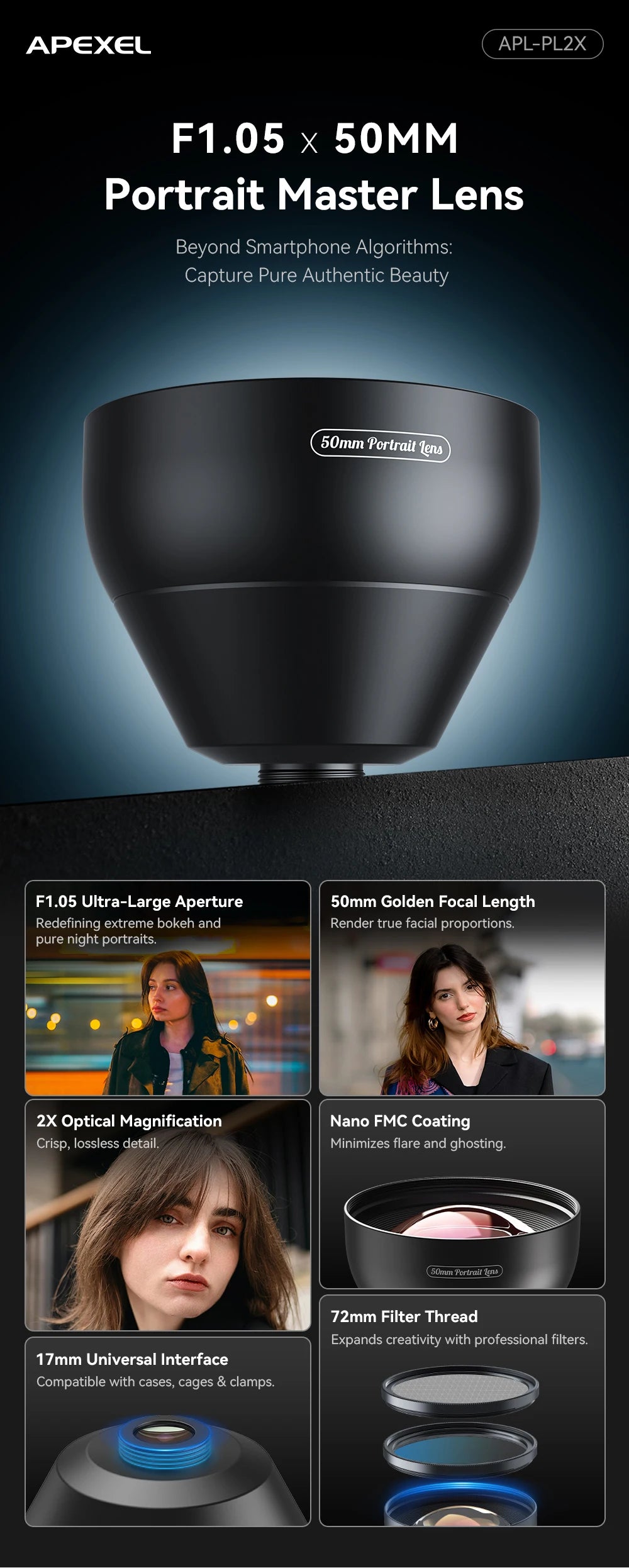 2X Smartphone Portrait Lens with Natural Bokeh Effect 50mm