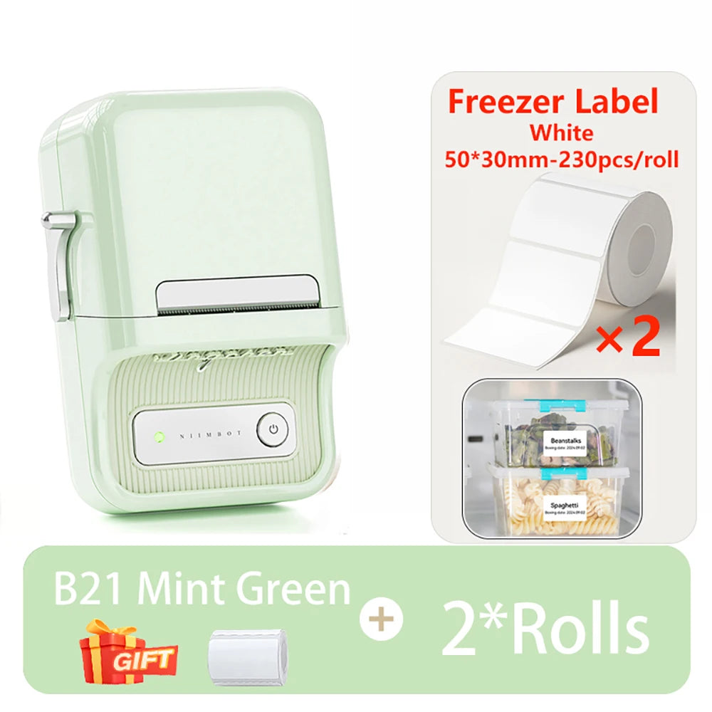 B21 Kitchen Label Printer, Bluetooth Wireless Thermal Label Maker 20–50mm, Inkless Freezer Sticker Printer for Home & Food Storage