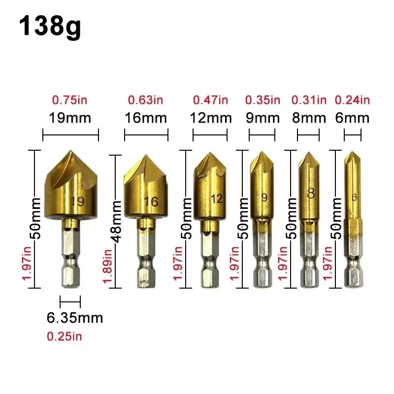 6PC Hexagonal Handle Titanium Plated Five Edge Chamfering Knife Countersunk Drill 6-19mm Woodworking Spot Facer Tool Set