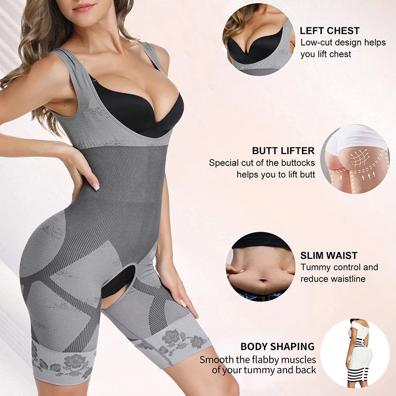 Women Bodysuit Shaperwear Waist Trainer Slimming Under bust Open Crotch Tummy Control Full Body Shaper