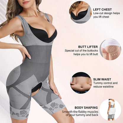 Women Bodysuit Shaperwear Waist Trainer Slimming Under bust Open Crotch Tummy Control Full Body Shaper