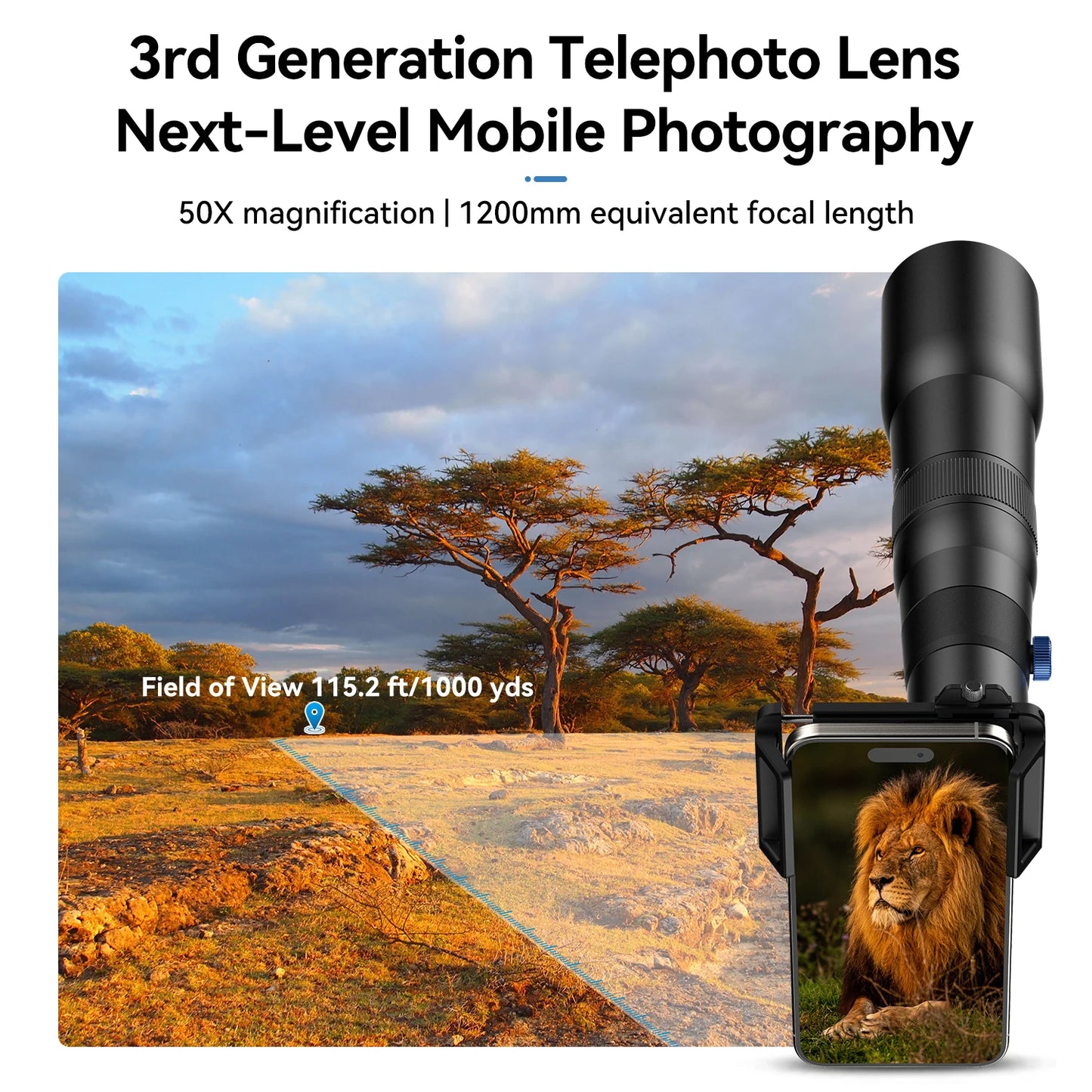 50X Telephoto Smartphone Lens with Tripod and Phone Clip