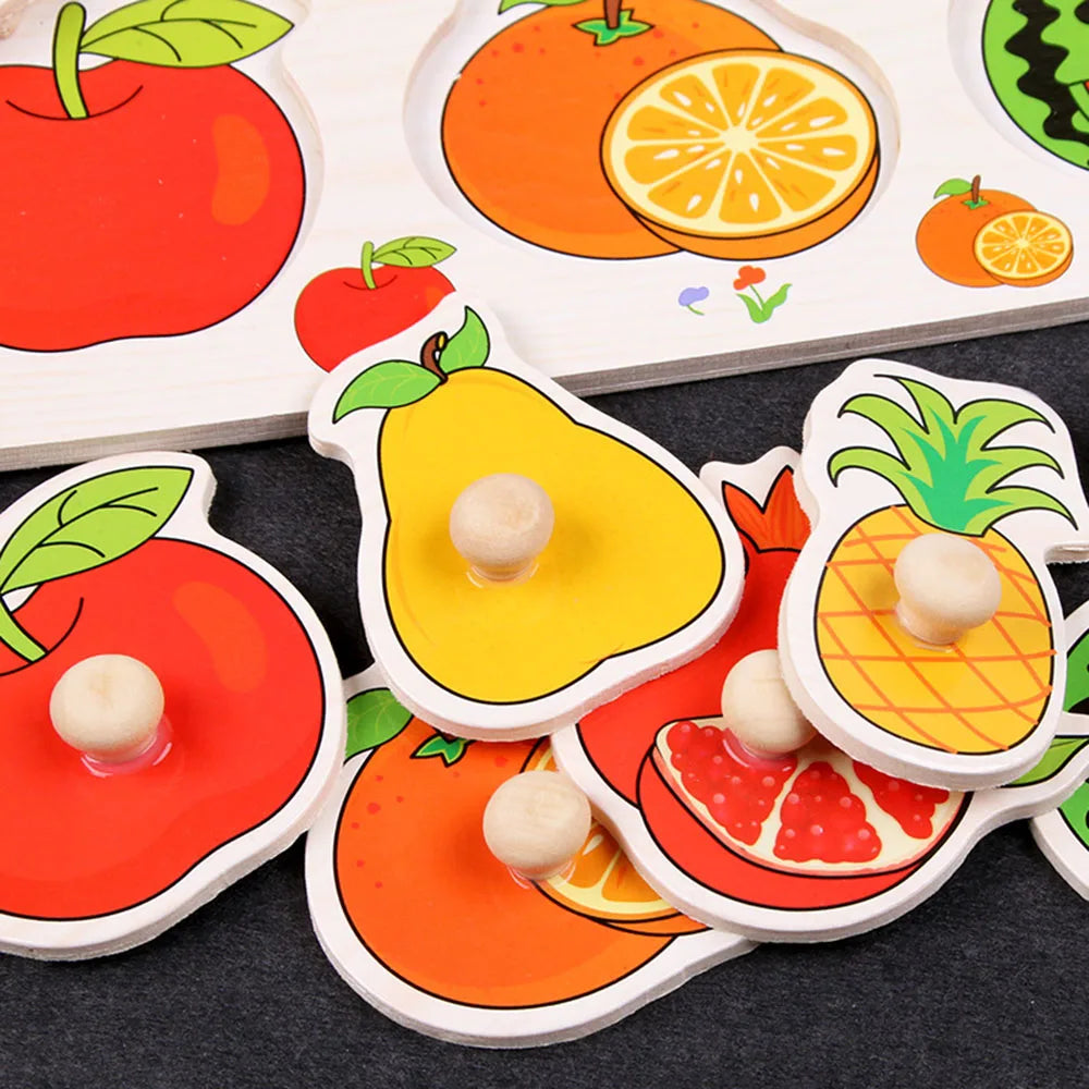 Montessori Wooden Puzzles Hand Grab Boards Toys Tangram Jigsaw  Educational Toys Cartoon Vehicle Animals Fruits 3D Puzzles