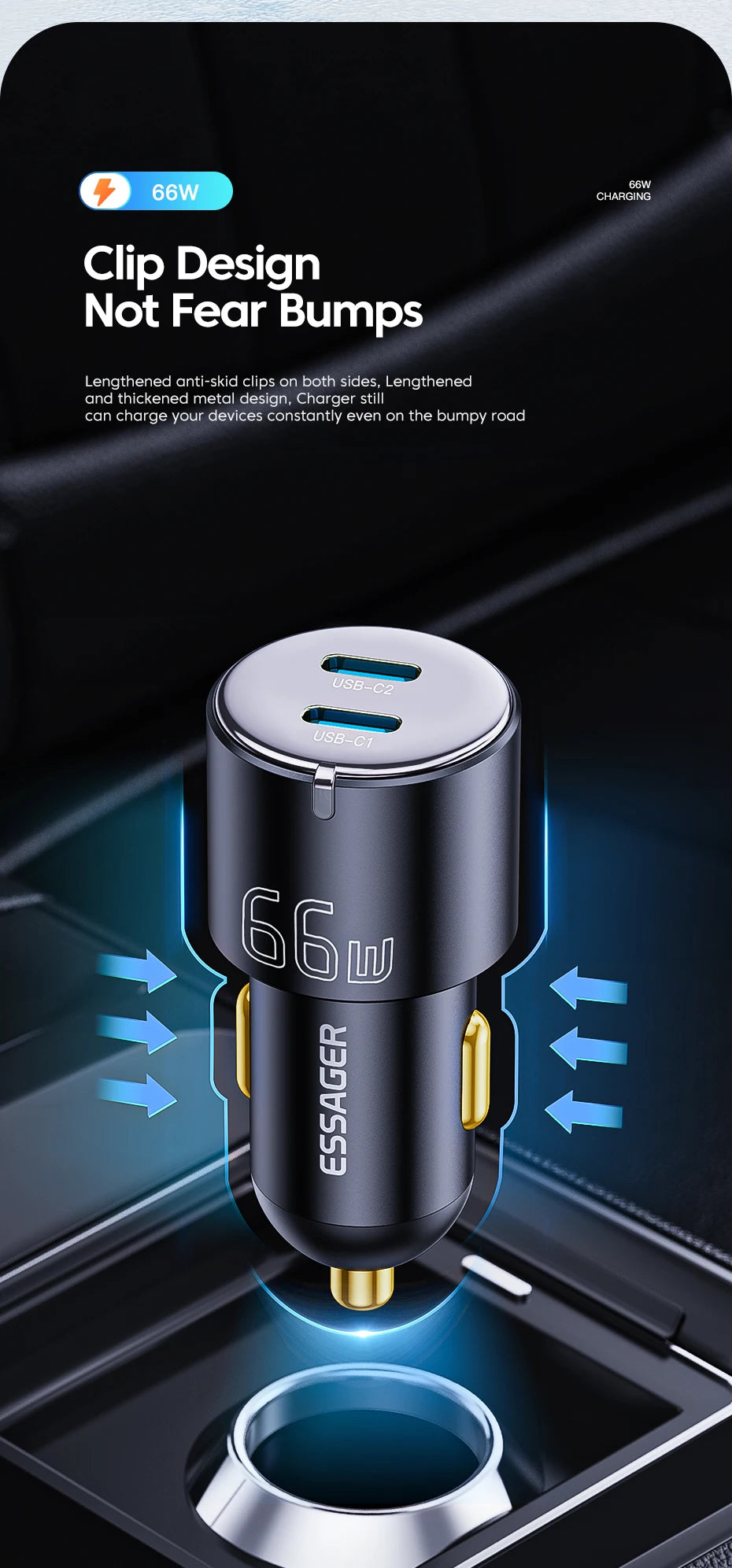 66W USB-C + USB-A Fast Car Charger (PD + QC 3.0)