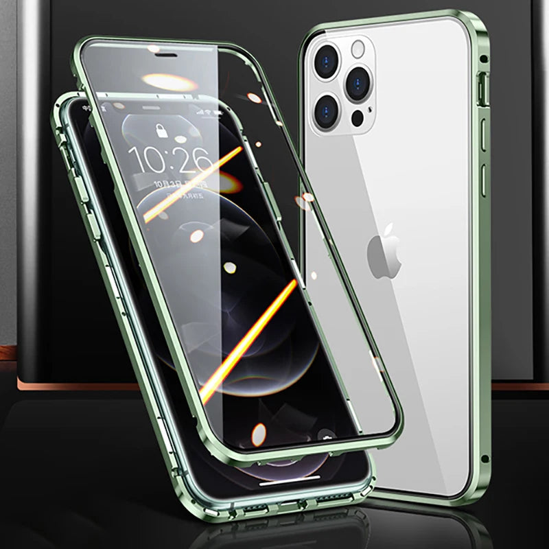 360°Full Protection Metal  Snap Lock Phone Case For iPhone 16 Pro Max 14 15 Pro Max Double-Sided Glass Bumper Case