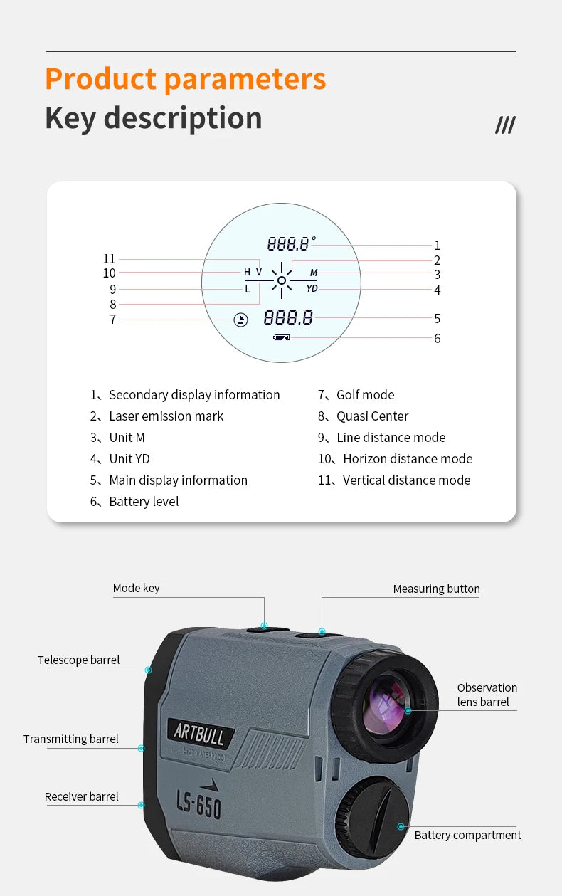 Laser Rangefinder Golf Hunting Outdoor 650m Telescope with Flag-Lock Slope Adjusted Distance Meter