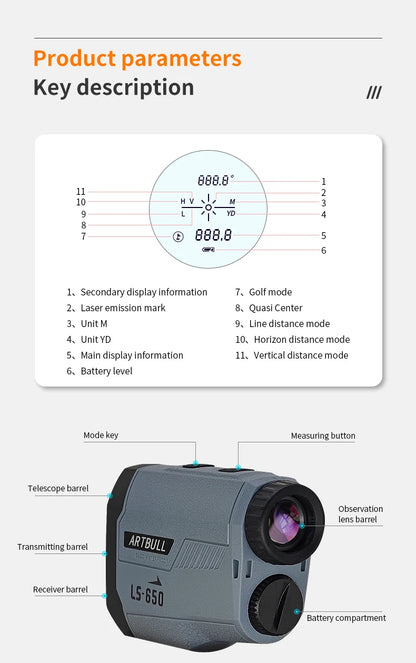 Laser Rangefinder Golf Hunting Outdoor 650m Telescope with Flag-Lock Slope Adjusted Distance Meter