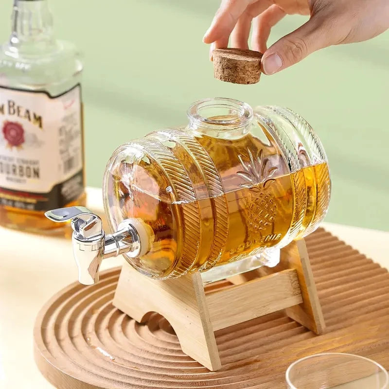 1L Glass Whiskey Barrel Wine Barrel Beer Bottle Fruit Aging Alcohol Honey Storage Container With Base Faucet Bar Tool