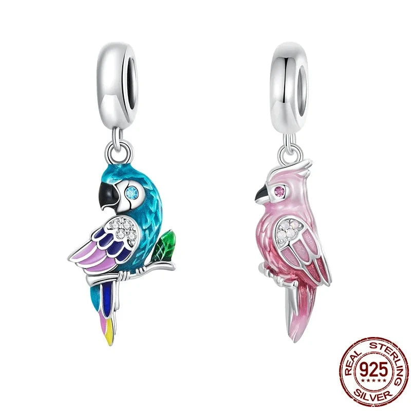 Real 925 Sterling Silver Lovely Pink Parrot Charms Rainbow Pendant Cute Bird Beads