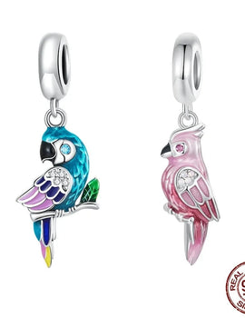 Real 925 Sterling Silver Lovely Pink Parrot Charms Rainbow Pendant Cute Bird Beads