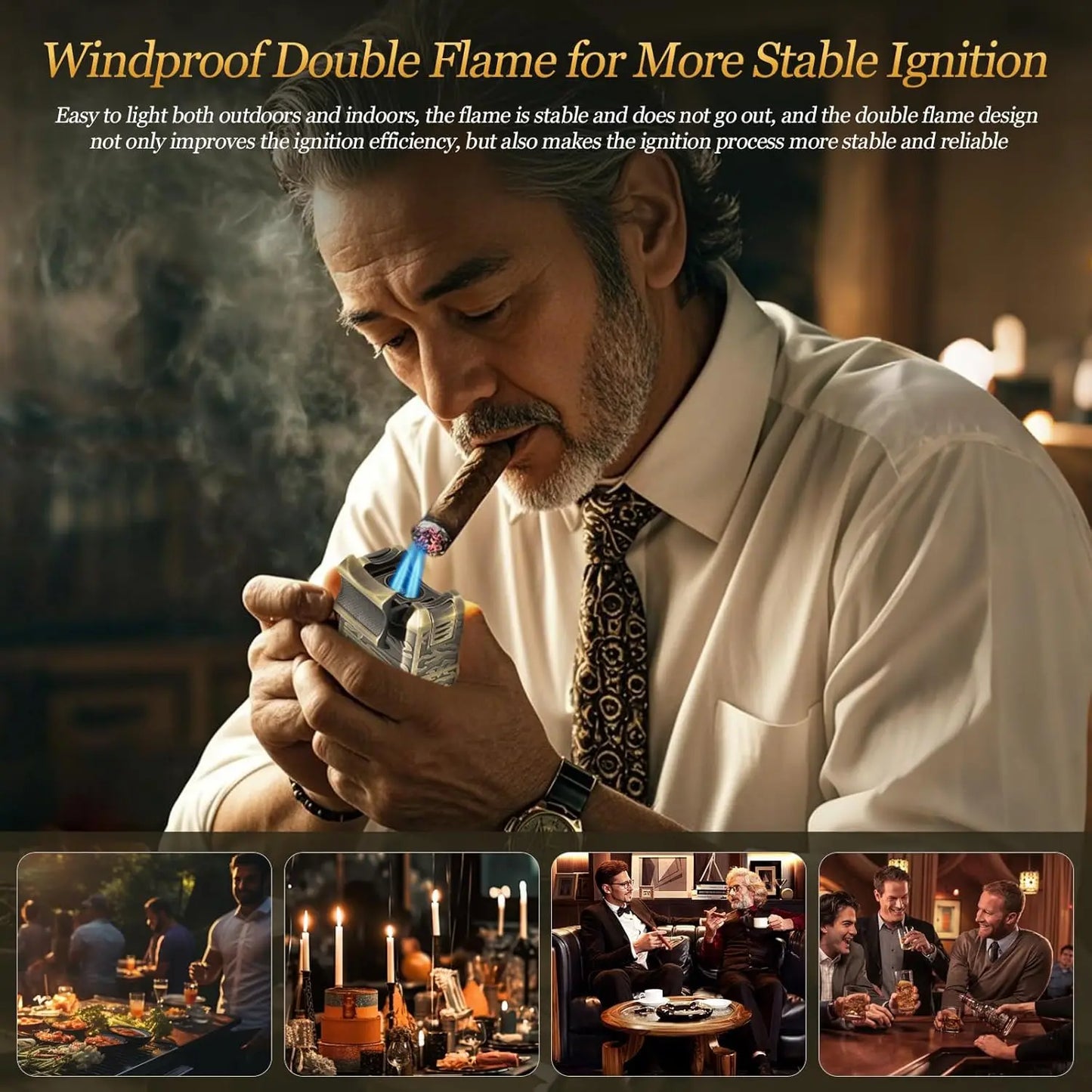 Cigar Lighter, 7-in-1 Cigar Lighter, Dual-Flame Windproof, Built-in Dual Punch, V-Cut, Flat Cut, Cigar Holder (No Butane)