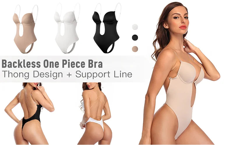 Women U Plunge Backless Bodysuit Shapewear – Deep V-Neck Tummy Control Body Shaper
