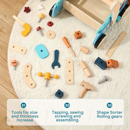 Baby Wooden Toy Newborn Learning To Walk Toy Educational Sensory Play Multi-functional Wooden Cartoon Car Toy Baby Gift With Box