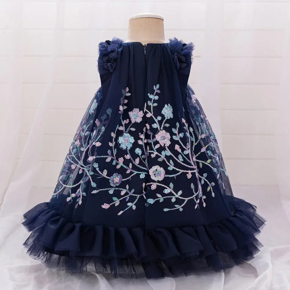 Girls Flower Embroidery Party Tutu Dress Kids Blue Christening Cosplay Dresses Girl Summer Fashion Clothes Children Holiday Wear