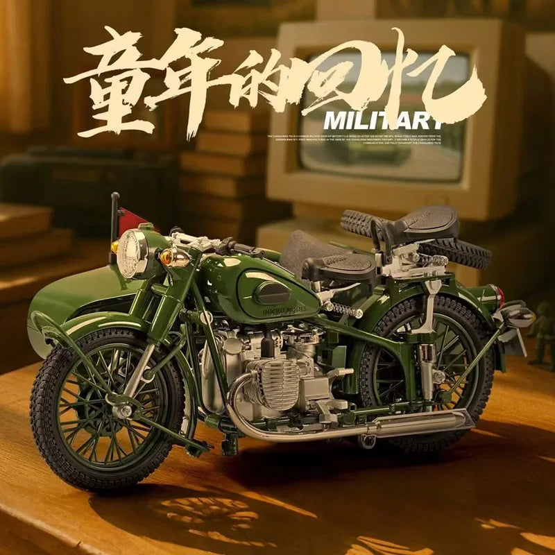 1/10 Alloy Retro Tricycle Side-car Motorcycle Model Diecast Metal Classic Military Motorcycle Model Sound and Light Toy Gift