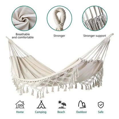 Macrame  Double Hammock Bohemian Woven Fringe Tassels Canvas Large Hanging Swing Bed Chair for Beach Yard Bedroom Patio Porch