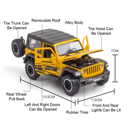 1:32 Wrangler Rubicon Diecast Off-road Vehicle Alloy Model Toys Car Doors Opened with Sound Light Pull Back Police Cars  Gift