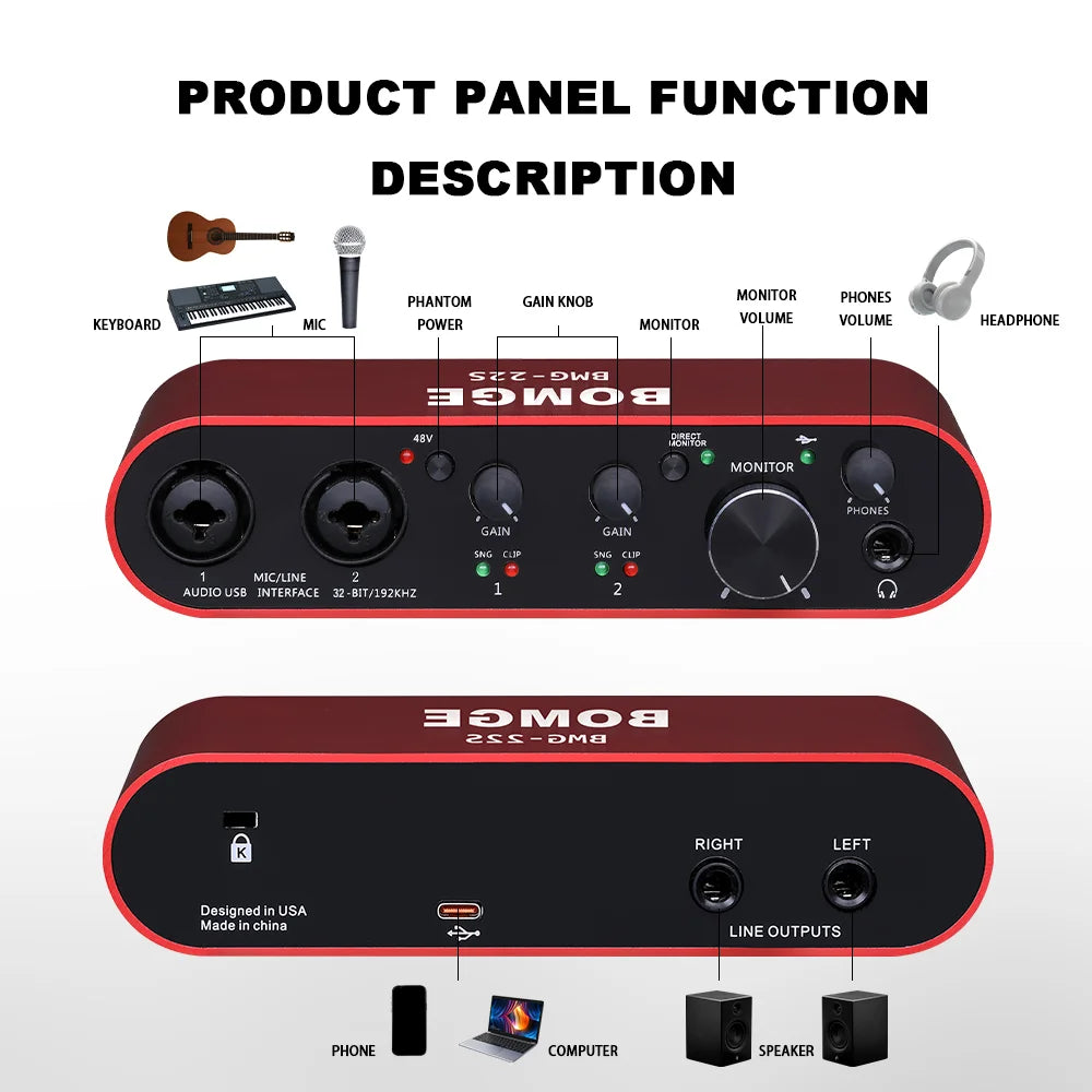 BMG22S USB Audio Interface with 32 Bit 192kHz Recording and Dual Channel Input