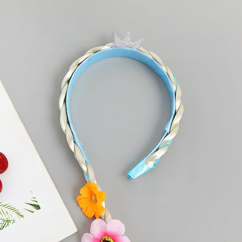 Girls Pink Blue Purple Flower Weaving Braid Headband Kids Princess Dress Up Hair Accessories Aurora Elsa Sofia Rapunzel Wig