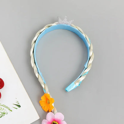 Girls Pink Blue Purple Flower Weaving Braid Headband Kids Princess Dress Up Hair Accessories Aurora Elsa Sofia Rapunzel Wig