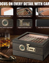 Cigar Humidor, Glass Top Desktop Box with Digital Thermo-Hygrometer, Humidifier, Divider, Accessories Drawer & Combination Lock