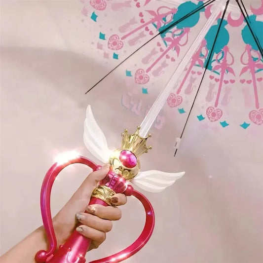 Luminous Umbrella with Sailor Moon Magic Stick Transparent Umbrella Paraguas Rain Gear for Women Girls Kids Gift