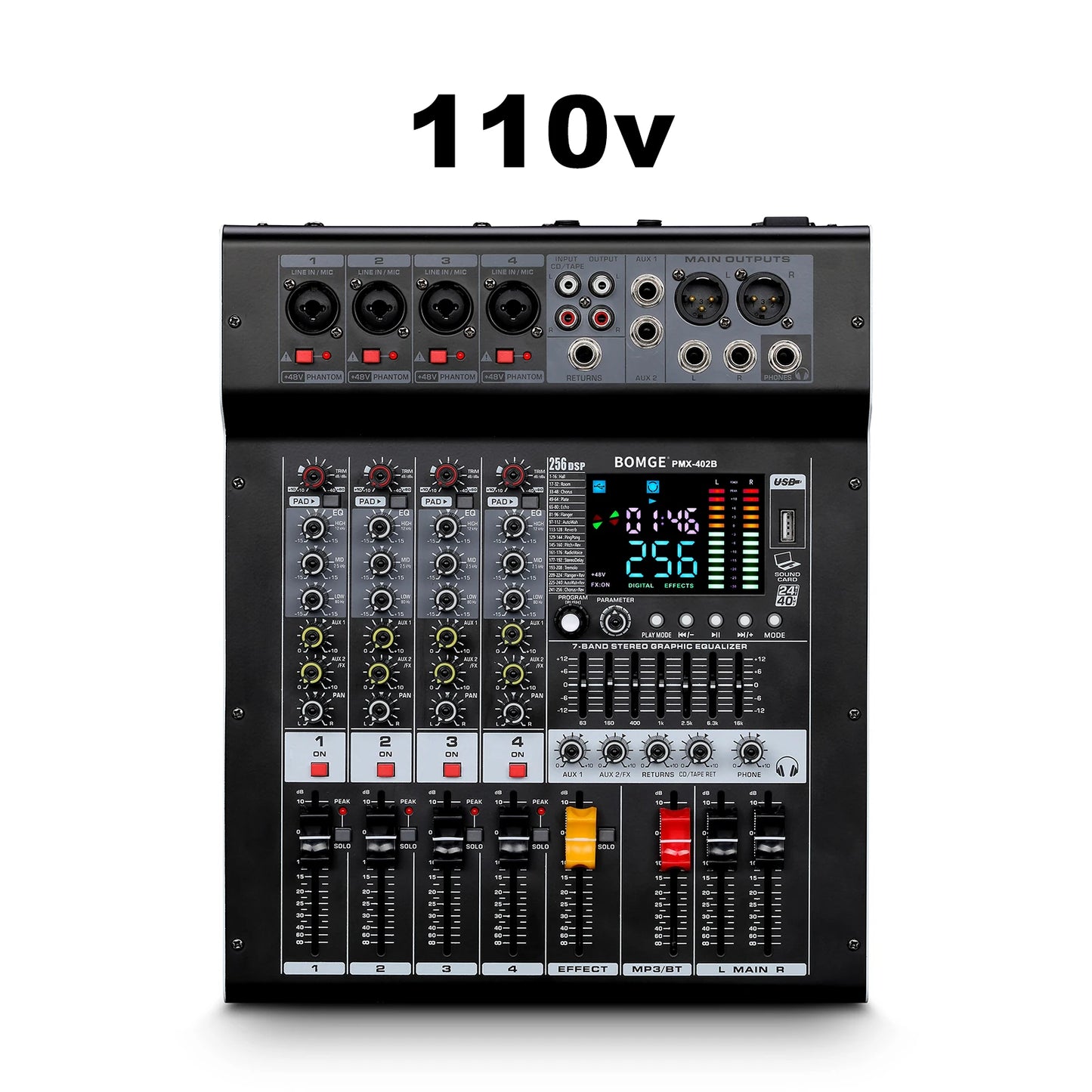 Professional 4 Channel Audio Mixer with Bluetooth and 256 Reverb Effects