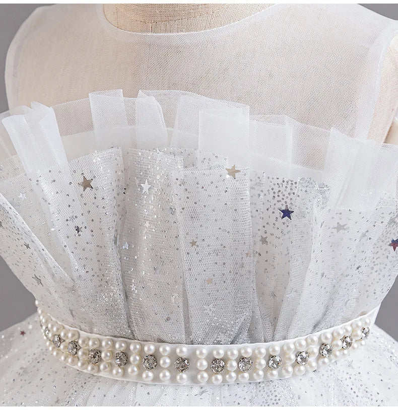 Elegant Girls' Performance Gown - Sleeveless Tulle Dress with Train for Piano Recital & Walk Show