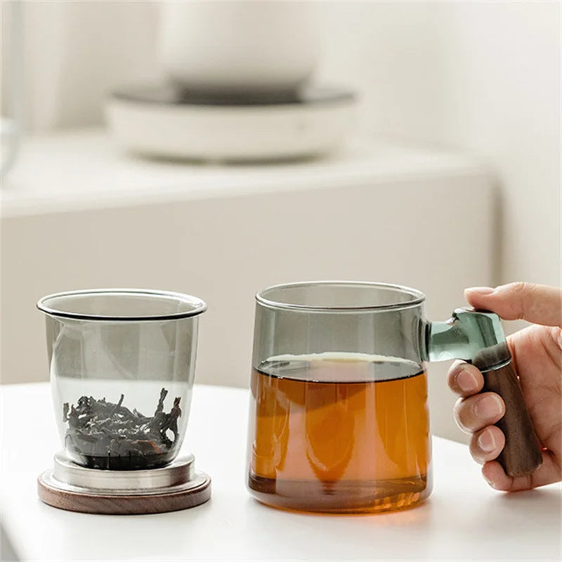 400ml Walnut Wooden Handle Lid Filter Glass Tea Cup Tea Water Separation Scented Tea Cup Office Flower Tea Separation Tea Mug