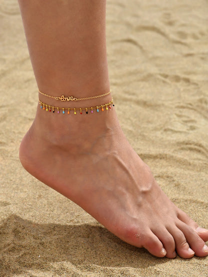 Bohemian Colorful Beads Chain Anklet Gold Color Letter LOVE Pendant Anklets