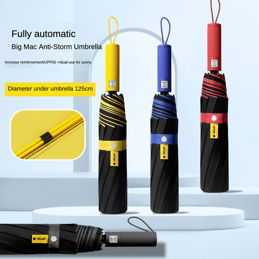 125cm Oversized Fully Automatic Wind Resistant Folding Umbrella Leather Cover