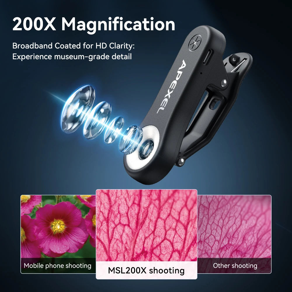 200X Smartphone Microscope Lens with LED Light Universal Clip