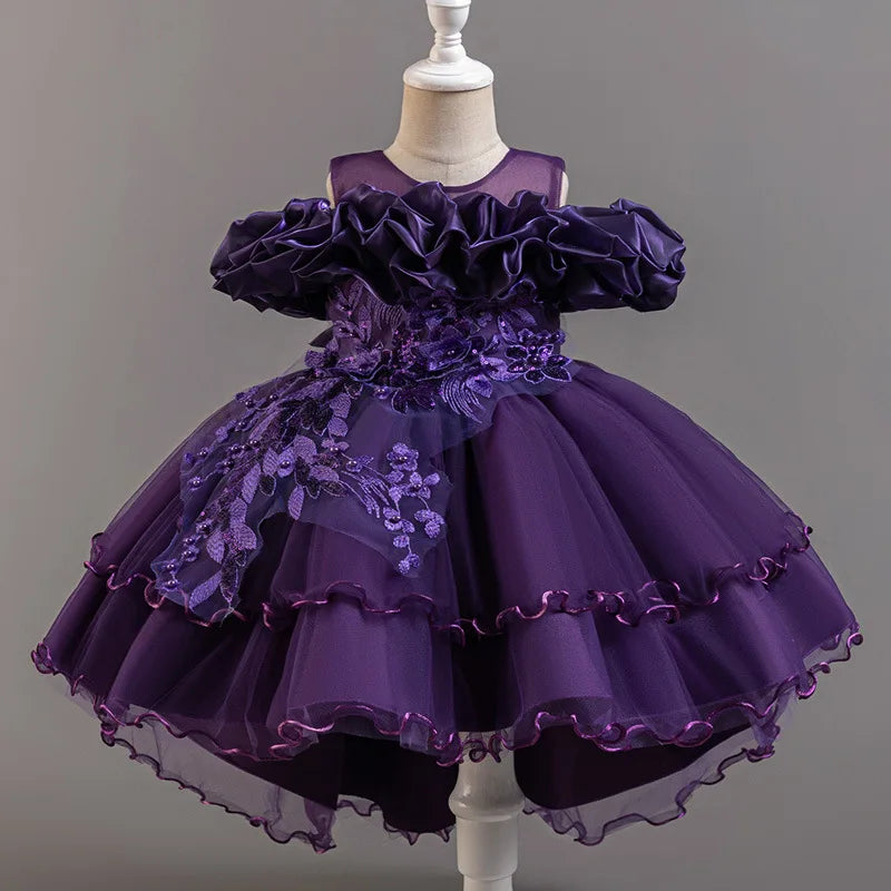 Luxury Off-Shoulder Gown with Train for Girls  Tulle Dress for Fashion Walk Show & Pageants