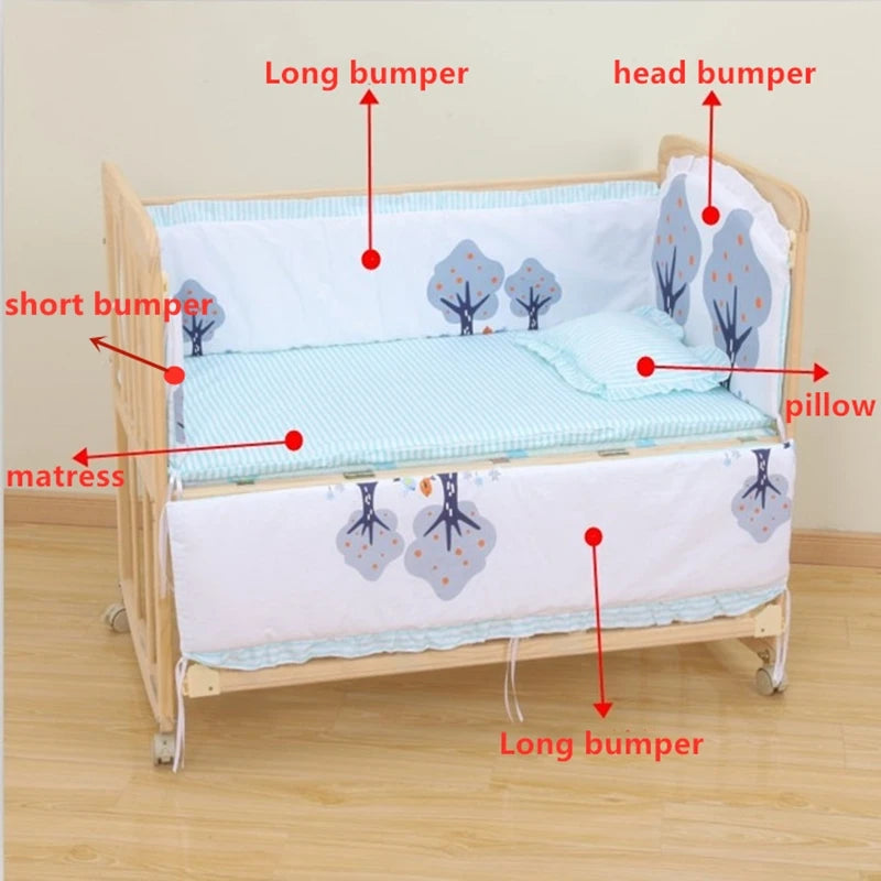 6-Pcs Cotton Nursery Crib Bedding Set – Unisex  Set with 4 Bumpers, Mattress & Pillow