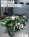 1/10 Alloy Retro Tricycle Side-car Motorcycle Model Diecast Metal Classic Military Motorcycle Model Sound and Light Toy Gift