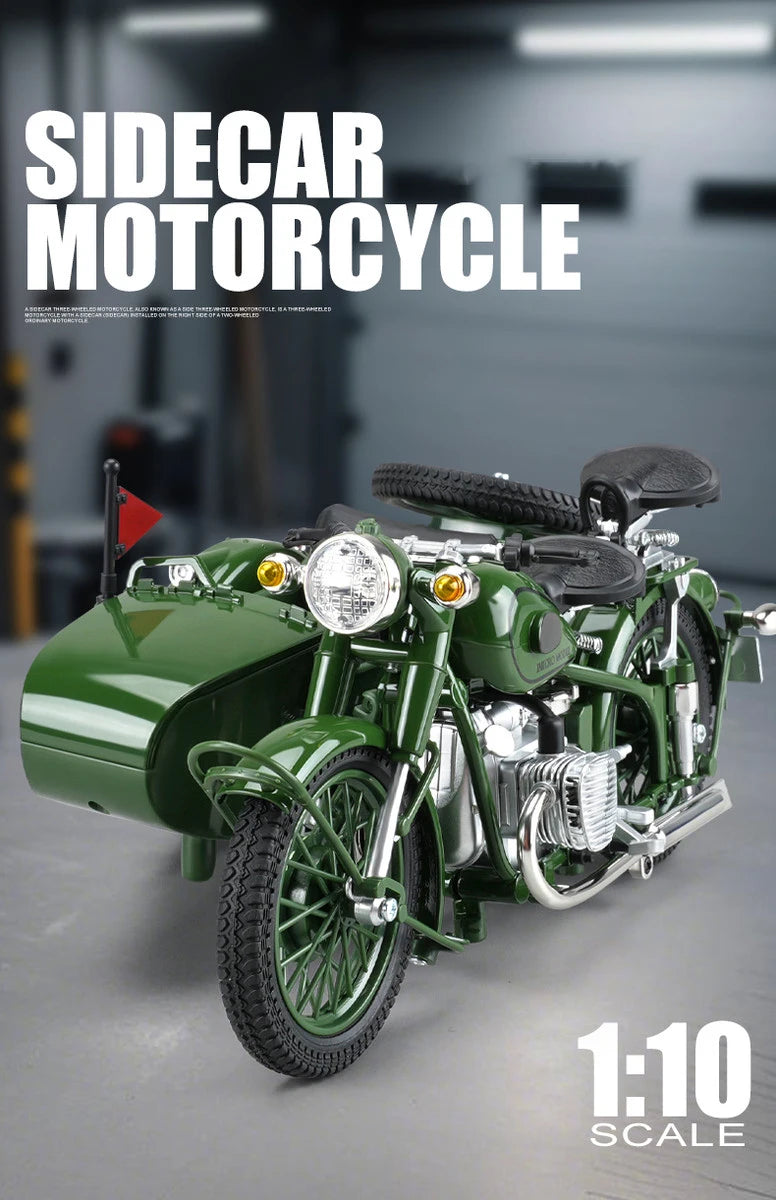 1/10 Alloy Retro Tricycle Side-car Motorcycle Model Diecast Metal Classic Military Motorcycle Model Sound and Light Toy Gift
