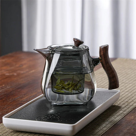 Japanese Style Glass Teapot with Wooden Handle and Infuser