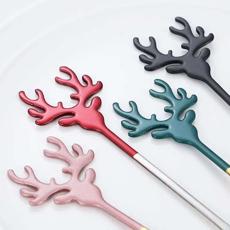 Nordic Dessert Spoon Elk Stainless Steel Coffee Spoons Stirring Tablespoon Little Deer Shape Christmas Tableware New Year Gift