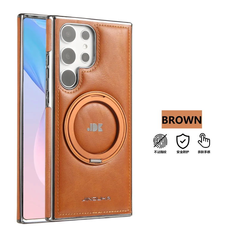 For Magsafe  360°Rotating Metal Car Bracket Ring Solid Color Leather Phone Case For Samsung S24 Ultra S22 S23 Ultra Plus