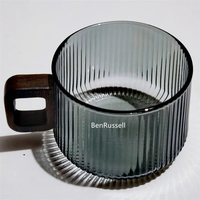 300ml Heat-resistant Stripe American Latte Glass Coffee Mug With Wooden Tray Spoon Milk Tea Cup Fresh Ground Coffee Cup