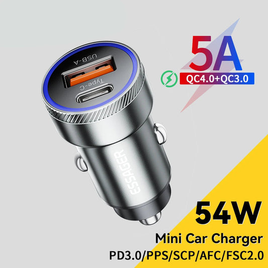 54W USB-C + USB-A Fast Car Charger (PD 3.0 + QC 3.0)