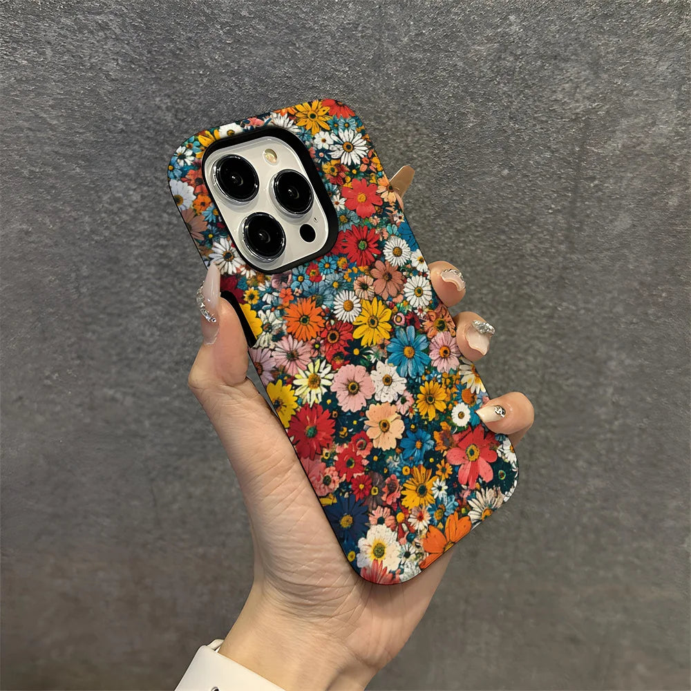Art Drawing Flower Printed Daisy Phone Case for iPhone 16 15 13 14 Pro Max 16 15 Plus 2 in 1 Hard Protection Cover