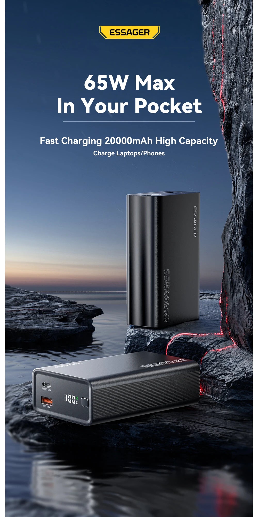 20000mAh Power Bank 65W PD Fast Charging with Built-in Cables Digital Display Portable Charger for Laptop iPhone Mac